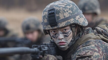 Fototapeta premium some asian soldiers in full combat gear, performing intense military training exercises in a rugged terrain, wearing camouflage uniforms with tactical vests, helmets, and face paint, 