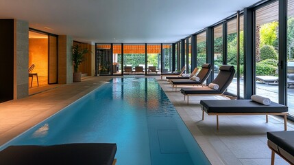 Luxurious indoor swimming pool with floor-to-ceiling windows overlooking lush garden, featuring elegant loungers and modern architecture design in high-end spa resort setting.