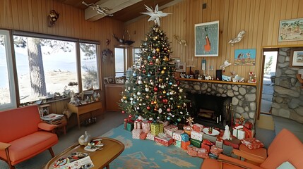 Obraz premium A Christmas Tree and Presents in a Cozy Cabin with a View