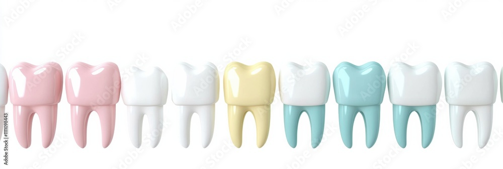 Poster Schematic features a row of dental implants in various colors alongside healthy teeth, set against a clean white background with space for text. Generative AI