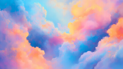 Abstract iridescent cloudscape with vibrant, swirling hues of blue, pink, and orange. Iridescent. Illustration