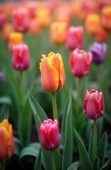 Obraz premium Colorful tulips bloom in spring garden. Vibrant array of multi colored tulips in flower field. Beautiful spring flowers in soft focus. Garden full of spring blossoms. Perfect for spring themed photo.