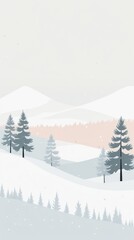 Fototapeta premium Winter landscape illustration with snow and a few pine trees, minimal design, soft pale colors, ideal for a winter phone wallpaper