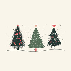 Three decorated Christmas trees with stars in a snowy scene.