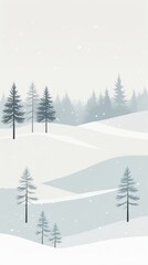 Obraz premium Snowy winter landscape with scattered pine trees in a minimalist illustration, pale colors, serene design, ideal for a winter phone wallpaper
