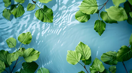 Green Leaves Floating on Blue Water