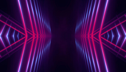 Neon light in tunnels, rays and lines. Perspective of light in motion. Dark abstract neon background, empty stage.