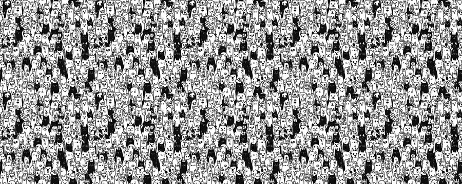 seamless pattern of Cute doodle black white pets  happy animals crowd joyful pet adoption concept 