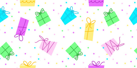 Bright festive festive seamless pattern gift box gift surprise vector illustration on white background colorful confetti