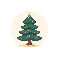 Cartoon Christmas tree with ornaments and a star on top.