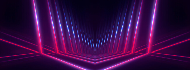 Neon light in tunnels, rays and lines. Perspective of light in motion. Dark abstract neon background, empty stage.