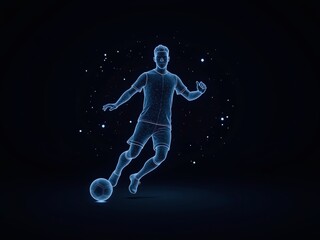 Obraz premium A high-tech human hologram of a male athlete dribbling a ball during a soccer match.