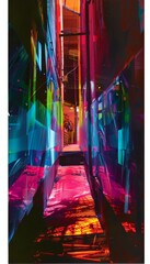 An abstract geometric futurism artwork in vibrant dark neon colors, exuding mystery and depth