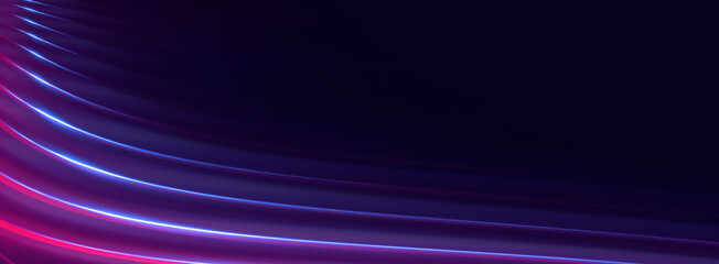 Neon light in tunnels, rays and lines. Perspective of light in motion. Dark abstract neon background, empty stage.