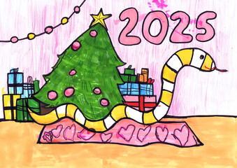 A striped snake sits near a decorated Christmas tree with gifts. 2025. Happy New Year! Children's drawing
