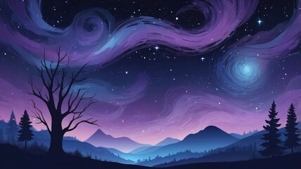 Obraz premium Vibrant abstract night sky with swirling clouds and silhouettes of a mountain landscape