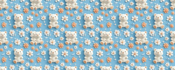 Fototapeta premium seamless pattern of Adorable 3D teddy bears pastel peach and white flowers blue background spring baby shower 