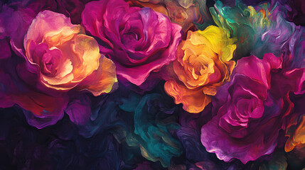 A vibrant tapestry of iridescent roses, each petal a brushstroke of color, creating a harmonious blend of hues that evoke a sense of joy and wonder. Iridescent. Illustration