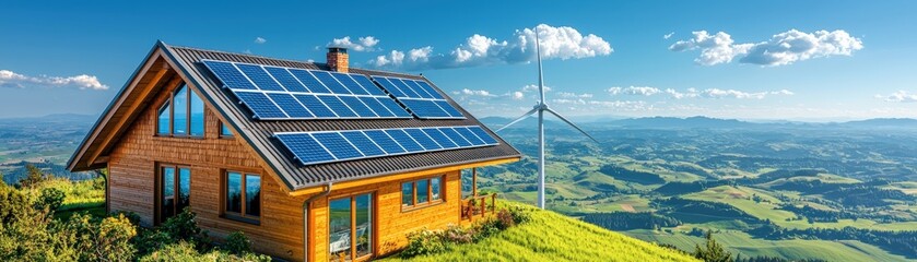 Fototapeta premium A stunning hillside house featuring solar panels, alongside a wind turbine, with expansive green fields and blue skies