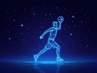 Obraz premium advanced hologram of a basketball player dribbling the ball with glowing lines and particles on a dark background.