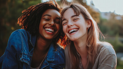 Fototapeta premium Two women are smiling and laughing together