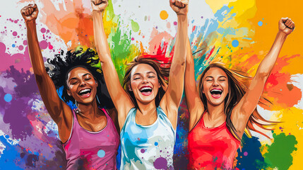 Three women are standing in a colorful splash of paint