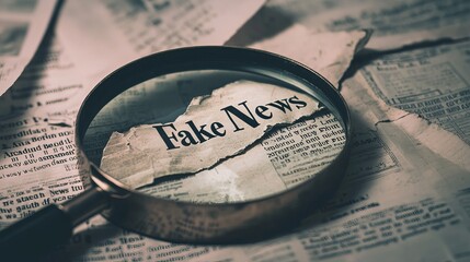 Close-up view of the words 'Fake News' highlighted under a magnifying glass on crumpled newspapers.