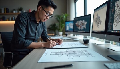 Asian male designer meticulously draws blueprints at modern minimalist desk. Multiple computer screens display design projects. Indoor office setting. Focus on detailed work. Designer sits at desk