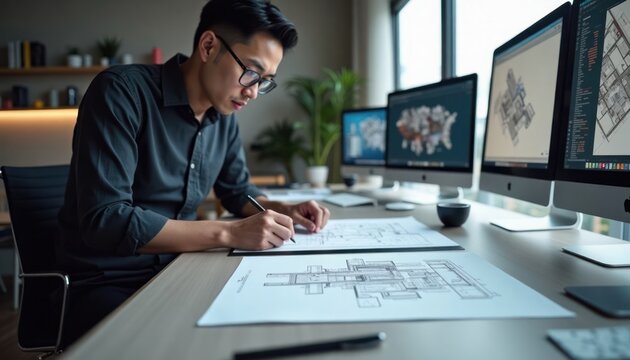 Asian male designer meticulously draws blueprints at modern minimalist desk. Multiple computer screens display design projects. Indoor office setting. Focus on detailed work. Designer sits at desk - Powered by Adobe