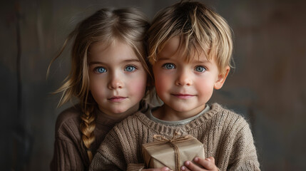 A good-looking couple is giving gifts. The girl is leaning on the boy's arms, and the boy is holding a small gift in his hand. The two of them have happy expressions.