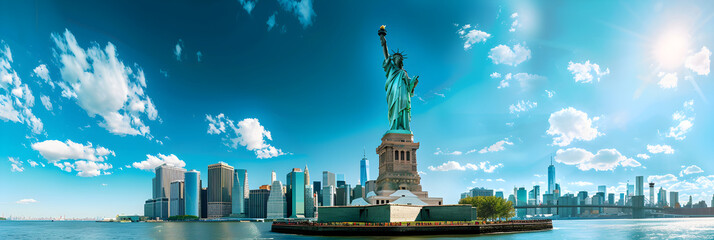 Statue of Liberty against a Backdrop of New York City: A Daytime Perspective