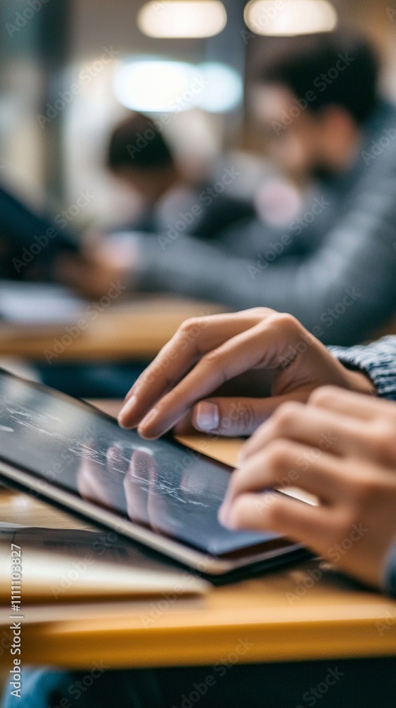 Poster close-up view of hands using digital tablet touchscreen in office environment, with blurred backgrou