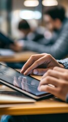 Fototapeta premium Close-up view of hands using digital tablet touchscreen in office environment, with blurred background showing coworkers. Modern workplace technology concept captured in soft lighting.