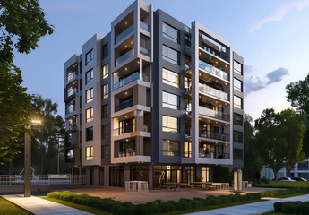 Modern apartment building exterior with large windows, sleek design, and evening lighting, surrounded by greenery and set in an urban residential neighborhood