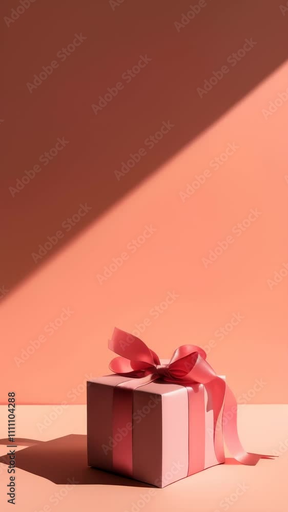 Poster Pastel pink gift box tied with matching ribbon sits on peach surface, illuminated by soft light creating a diagonal shadow, presenting a stylish and festive scene
