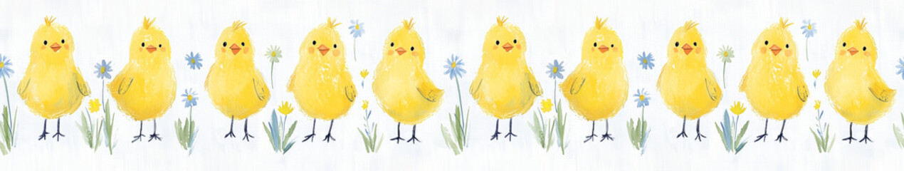 Easter yellow chicks illustration on a seamless horizontal pattern, ideal for decorative tape or washi tape designs. Cute baby birds, spring vibes, and floral accents for creative and holiday crafting