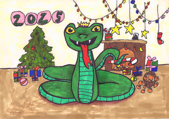 A cheerful snake looks sitting near a decorated Christmas tree. 2025. Happy New Year! Children's drawing