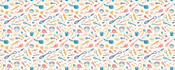 seamless pattern of Colorful kitchen utensil  blue teal yellow hand drawn style cheerful cooking baking concept 