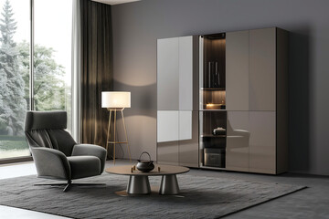 Modern lounge area with sleek furniture, floor lamp, reflective cabinets, and natural light streaming in through large windows, creating a tranquil and stylish atmosphere