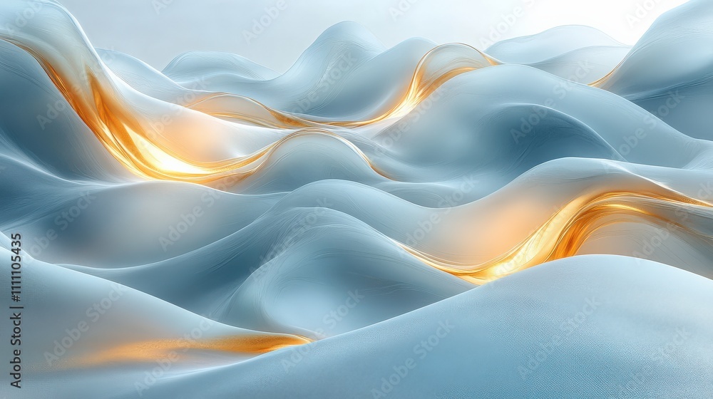 Poster abstract three-dimensional waves with soft curves and golden highlights depicting fluid motion and s