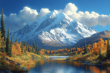 Fototapeta premium Majestic snow capped mountain autumnal lake scene
