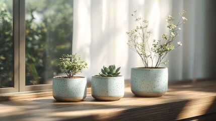 Fototapeta premium Three potted plants on a windowsill with a blurred background