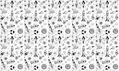 seamless pattern of Black and white rocketship space adventure illustration childish style joyful exploration 
