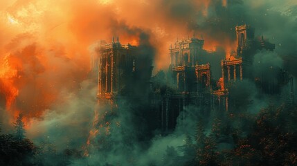 Fototapeta premium A castle is on fire and smoke is rising from it