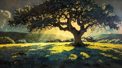 Fototapeta premium Majestic oak tree in a sunlit field, hills in background.