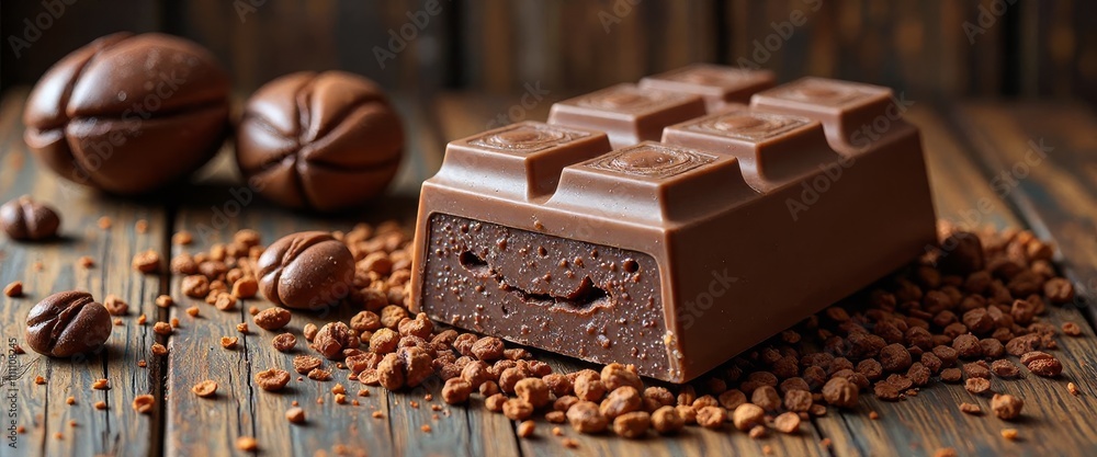 Poster a stack of chocolate bars with nuts on top. concept of indulgence and luxury, as the chocolate bars 