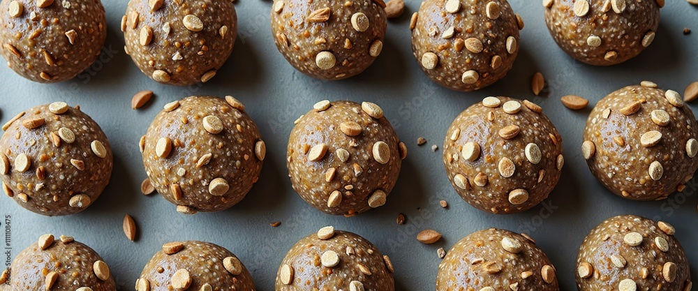 Poster a row of brown cookies with nuts on top. the cookies are arranged in a neat row and are all the same