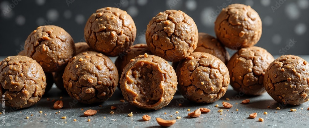 Poster a row of brown cookies with nuts on top. the cookies are arranged in a neat row and are all the same
