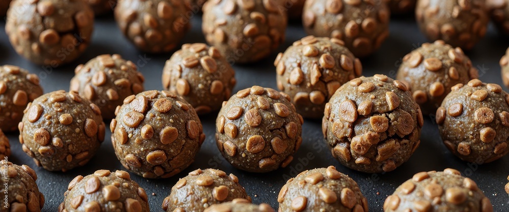 Poster a row of brown cookies with nuts on top. the cookies are arranged in a neat row and are all the same