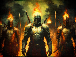 Krieger in voller Rüstung mit brennenden Helmen stehen vor einem feurigen Hintergrund